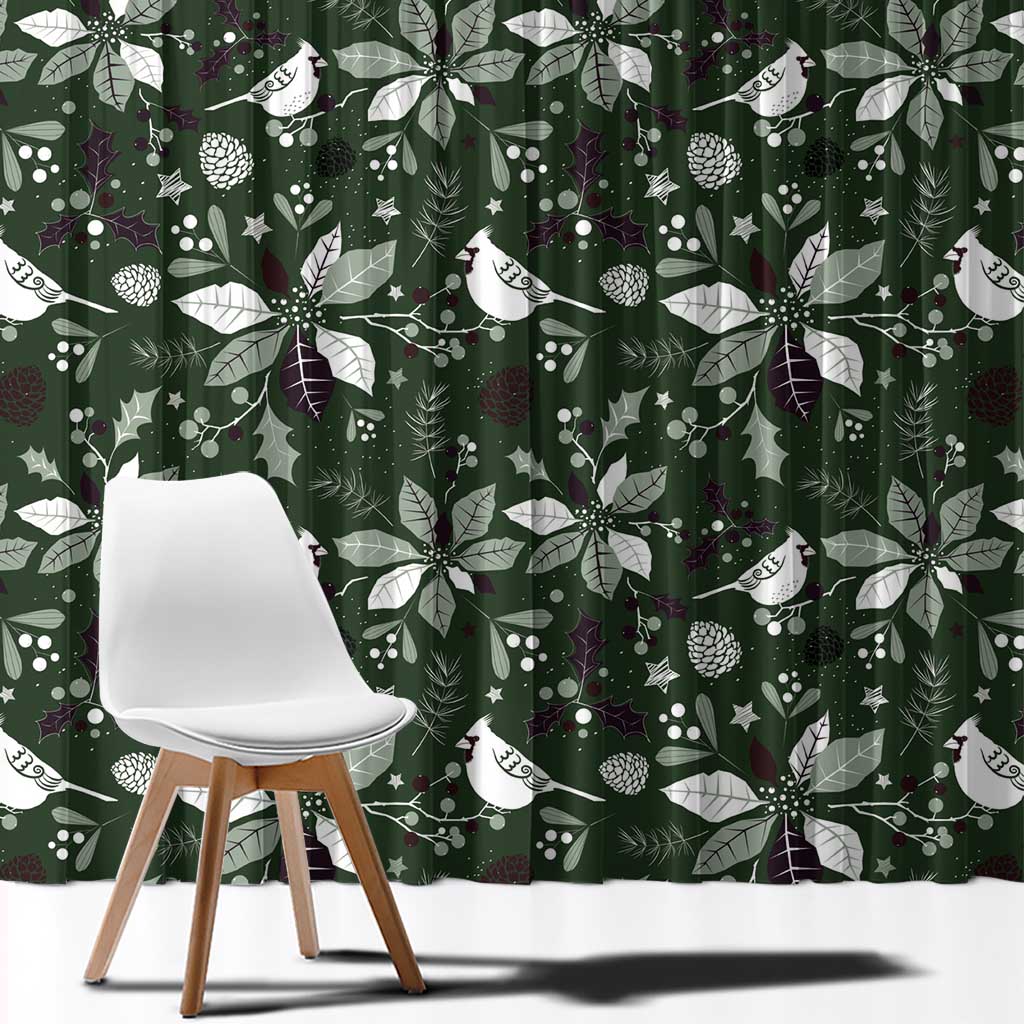 Green window curtain with white bird and leaf pattern, draped across the wall