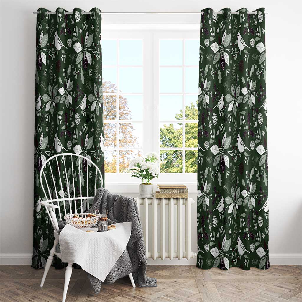 Green window curtain panels with white bird and leaf pattern, centered on the window