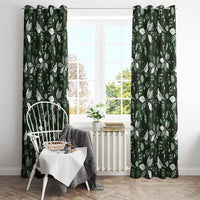 Green window curtain panels with white bird and leaf pattern, centered on the window