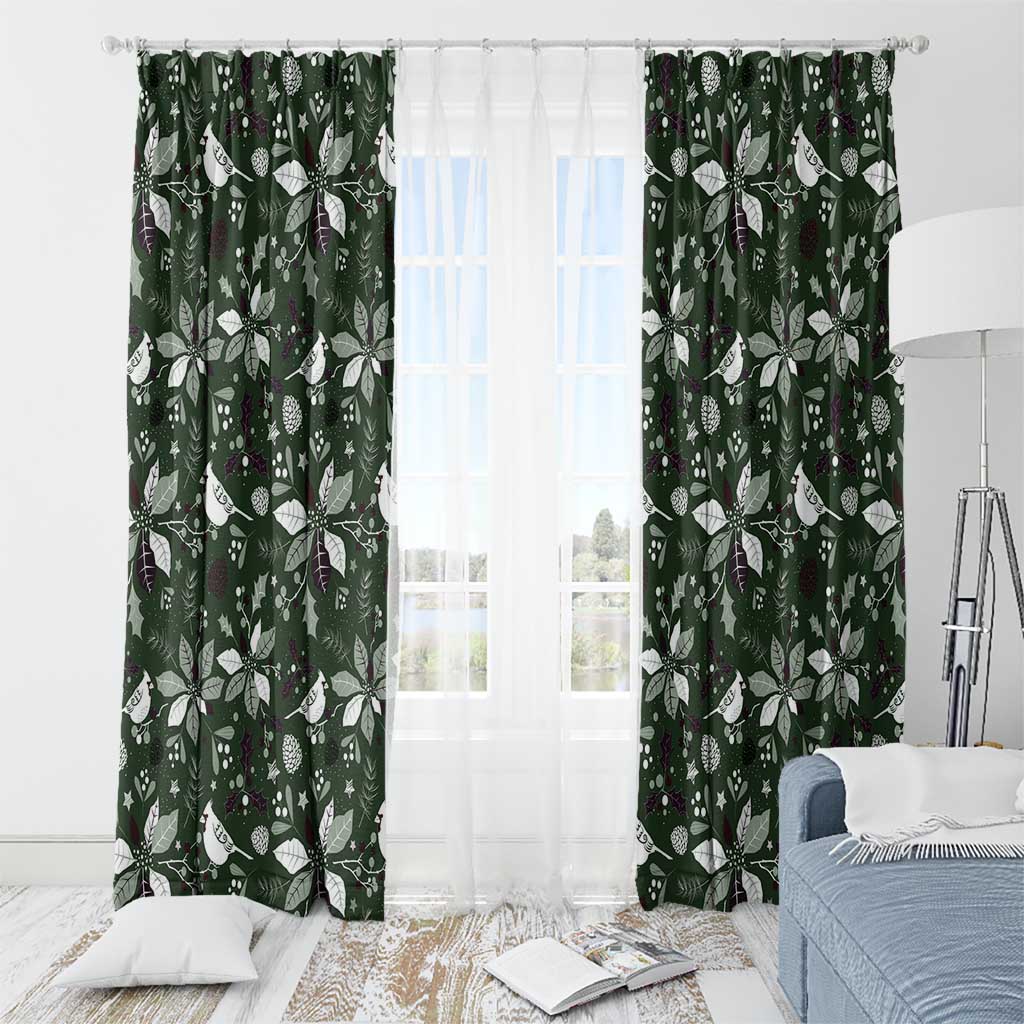 Green window curtain panels with white bird, leaf, and pinecone seasonal pattern, paired