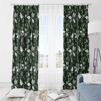 Green window curtain panels with white bird, leaf, and pinecone seasonal pattern, paired