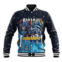 Unisex baseball jacket in navy blue with gold stars and colorful Bahamian mask graphic