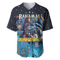 Dark blue baseball jersey with star pattern and front Bahamas Junkanoo graphic