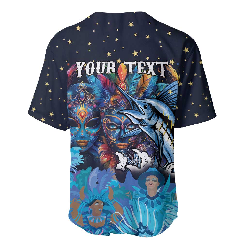 Dark blue baseball jersey back with star pattern and Your Text marlin graphic
