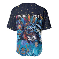 Dark blue baseball jersey back with star pattern and Your Text marlin graphic