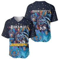 Dark blue baseball jersey pair: front Bahamas Junkanoo, back Your Text marlin graphic