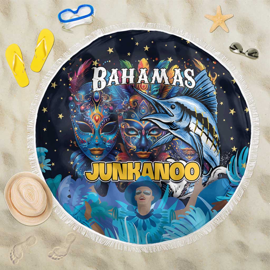 Round blue beach blanket with white fringe, colorful Junkanoo and Bahamas mask graphic