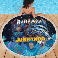 Round blue beach blanket with white fringe, Bahamas Junkanoo mask and marlin print