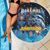 Round blue beach blanket with white fringe, Bahamas Junkanoo face and marlin artwork