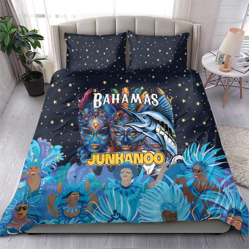 Blue bedding set with two star pillowcases and Junkanoo mask and dancer artwork duvet