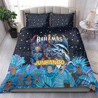 Blue bedding set with two star pillowcases and Junkanoo mask and dancer artwork duvet