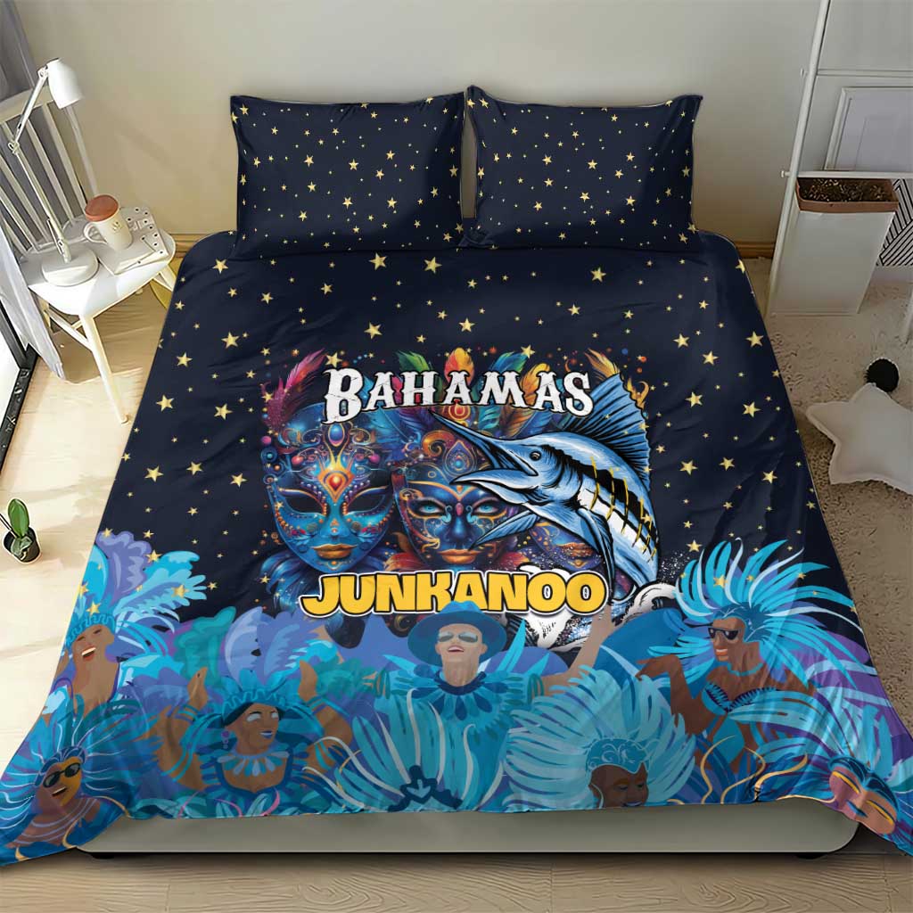 Blue bedding set with star-pattern pillows and Junkanoo poster-style artwork on duvet