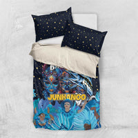 Blue duvet cover set with two star pillowcases and Junkanoo masks and dancers print