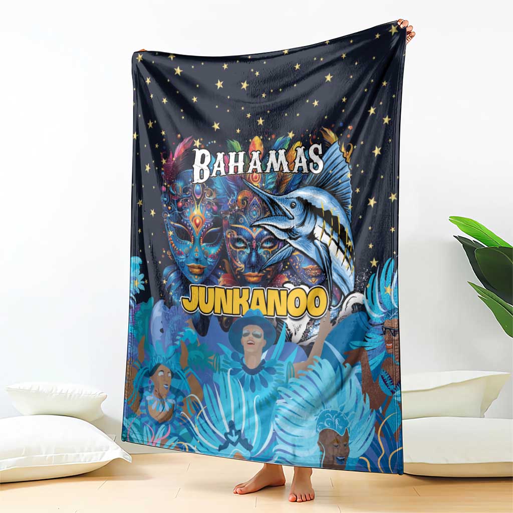 Navy blue blanket featuring Bahamas Junkanoo graphic with star accents and ocean-blue figures