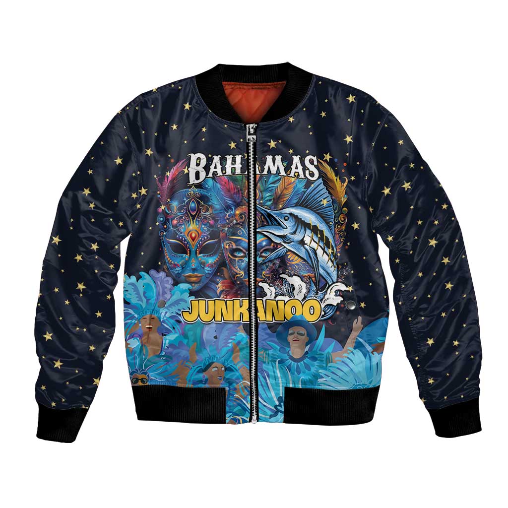 Personalized blue bomber jacket with star pattern, colorful Bahamian mask front print