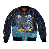 Personalized blue bomber jacket with star pattern, colorful Bahamian mask front print