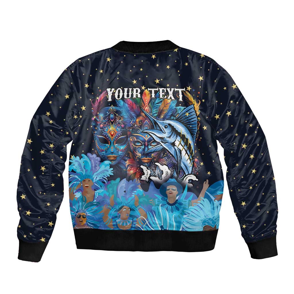 Personalized blue bomber jacket with stars and YOUR TEXT, Bahamian mask graphic