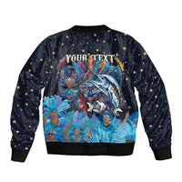 Personalized blue bomber jacket with stars and YOUR TEXT, Bahamian mask graphic