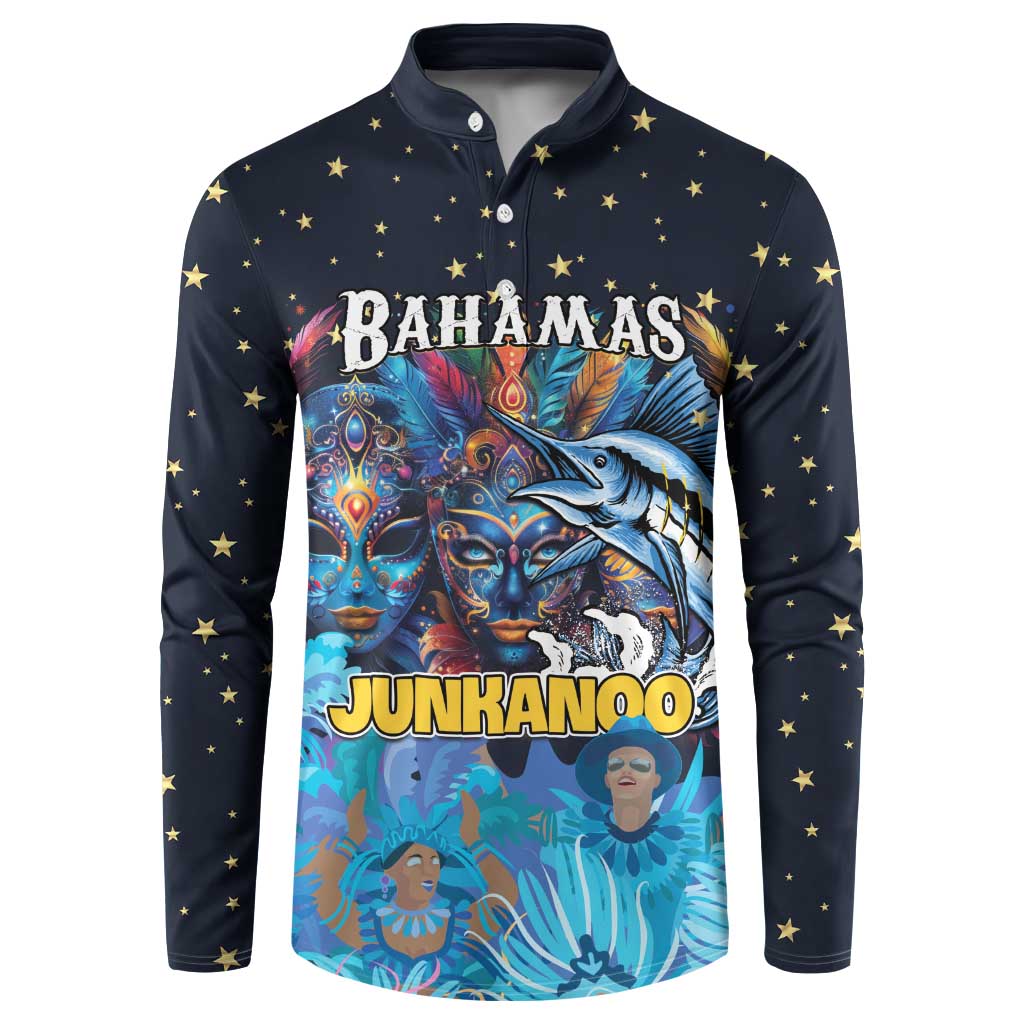 Navy button sweatshirt with star pattern and front Bahamas Junkanoo graphic
