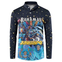Navy button sweatshirt with star pattern and front Bahamas Junkanoo graphic