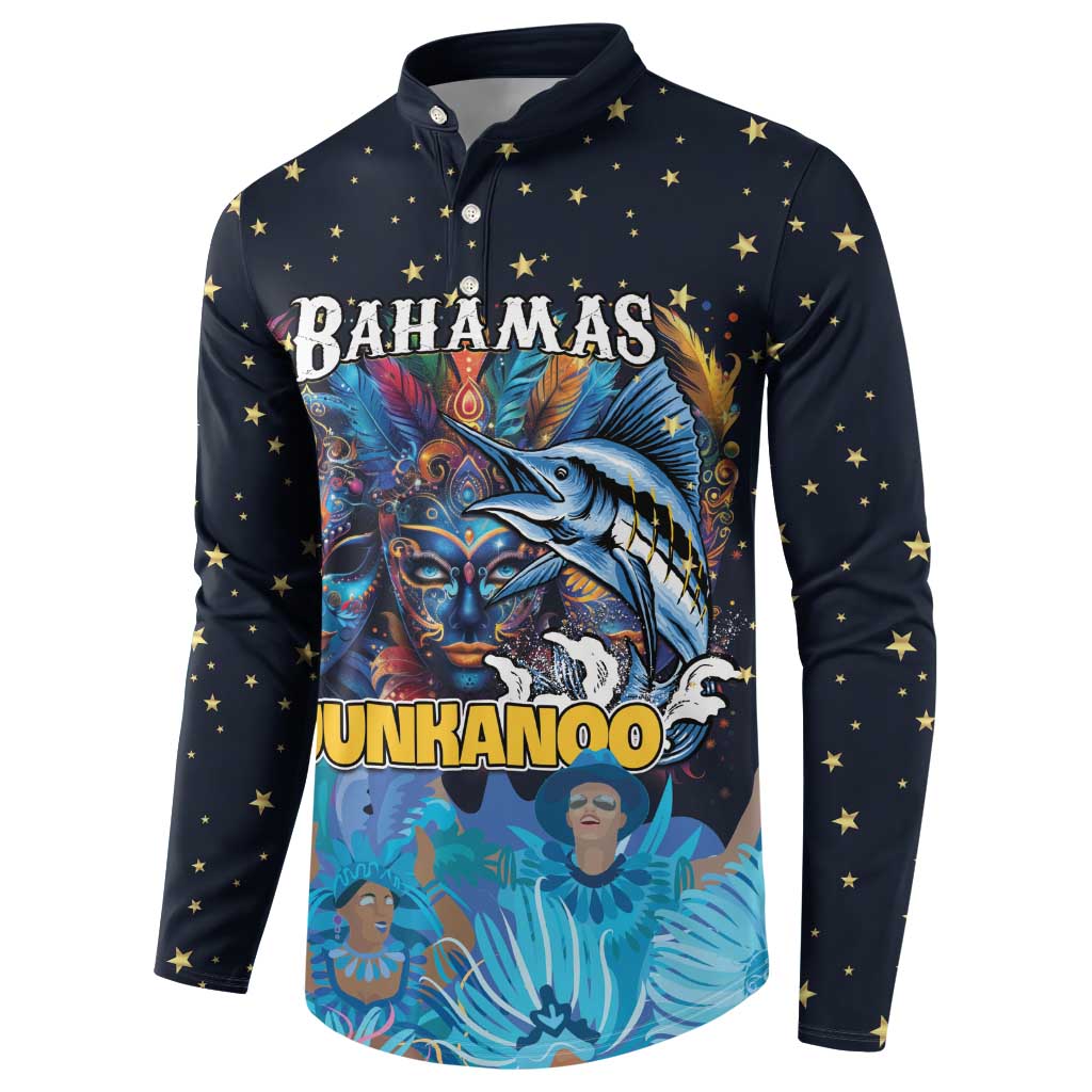 Dark navy button sweatshirt with gold stars and Bahamas Junkanoo front graphic