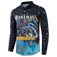 Dark navy button sweatshirt with gold stars and Bahamas Junkanoo front graphic