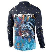 Navy button sweatshirt back with gold stars and Your Text over Junkanoo graphic