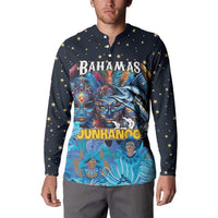 Navy button sweatshirt with gold stars and Bahamas Junkanoo front print