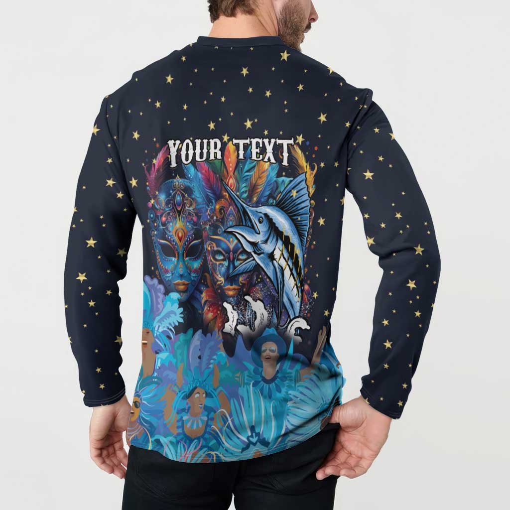 Navy button sweatshirt back with Your Text, gold stars, and marlin Junkanoo graphic