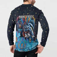 Navy button sweatshirt back with Your Text, gold stars, and marlin Junkanoo graphic