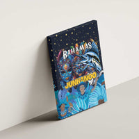 Blue Bahamas Junkanoo canvas wall art mounted on wall with Bahamas and Junkanoo lettering
