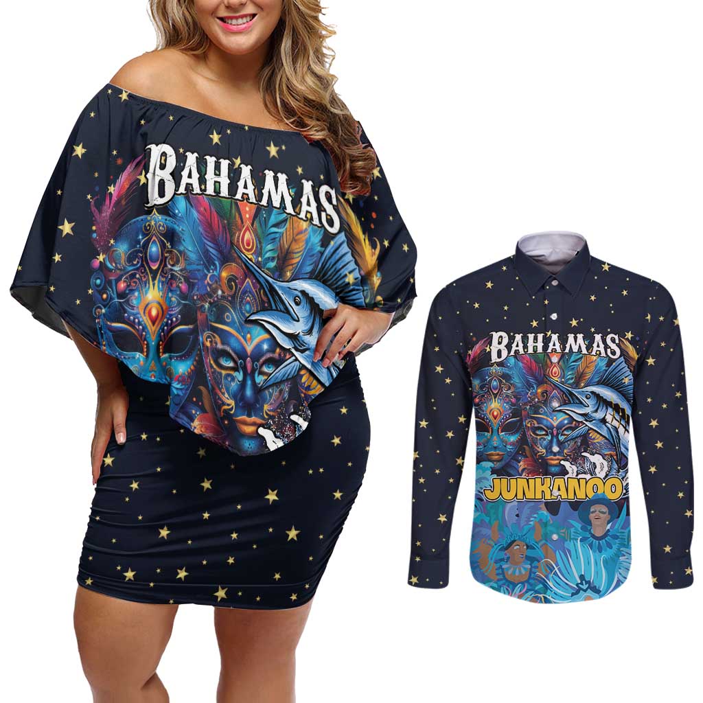 Personalized Bahamas Junkanoo Couples Matching Off Shoulder Short Dress and Long Sleeve Button Shirt Bahamian Mask Blue Marlin - Wonder Print Shop