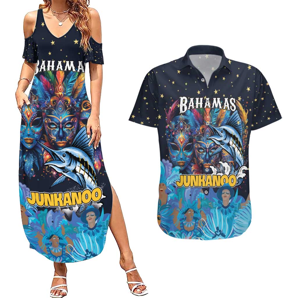 Personalized Bahamas Junkanoo Couples Matching Summer Maxi Dress and Hawaiian Shirt Bahamian Mask Blue Marlin - Wonder Print Shop