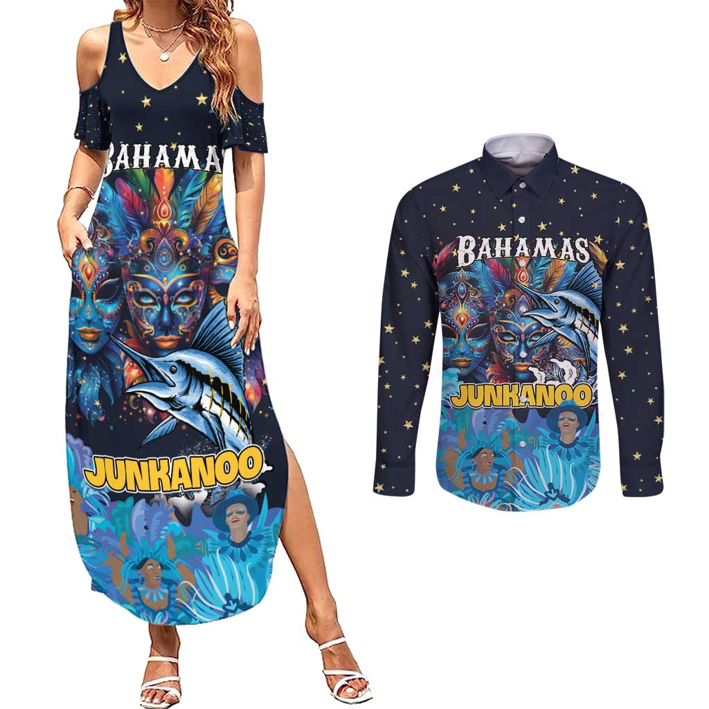 Personalized Bahamas Junkanoo Couples Matching Summer Maxi Dress and Long Sleeve Button Shirt Bahamian Mask Blue Marlin - Wonder Print Shop