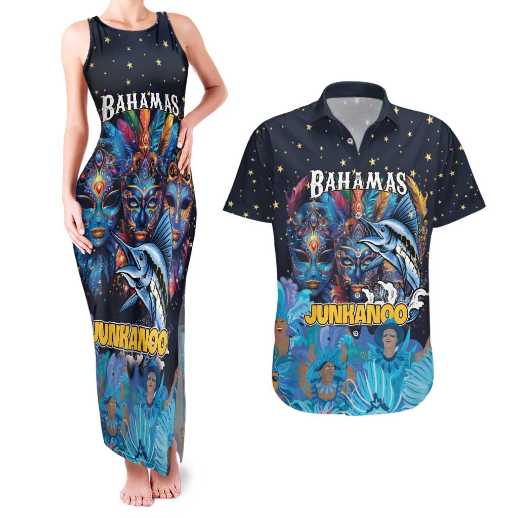 Personalized Bahamas Junkanoo Couples Matching Tank Maxi Dress and Hawaiian Shirt Bahamian Mask Blue Marlin - Wonder Print Shop