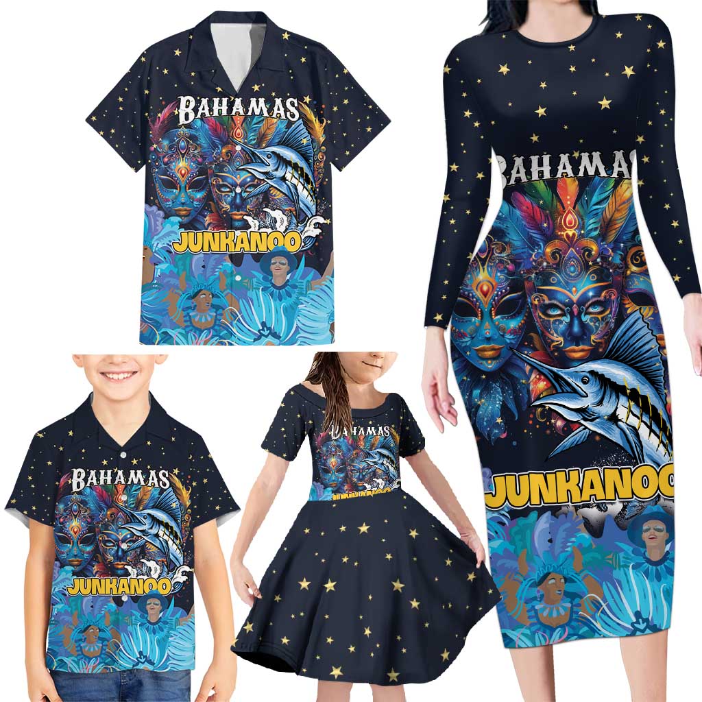 Personalized Bahamas Junkanoo Family Matching Long Sleeve Bodycon Dress and Hawaiian Shirt Bahamian Mask Blue Marlin - Wonder Print Shop