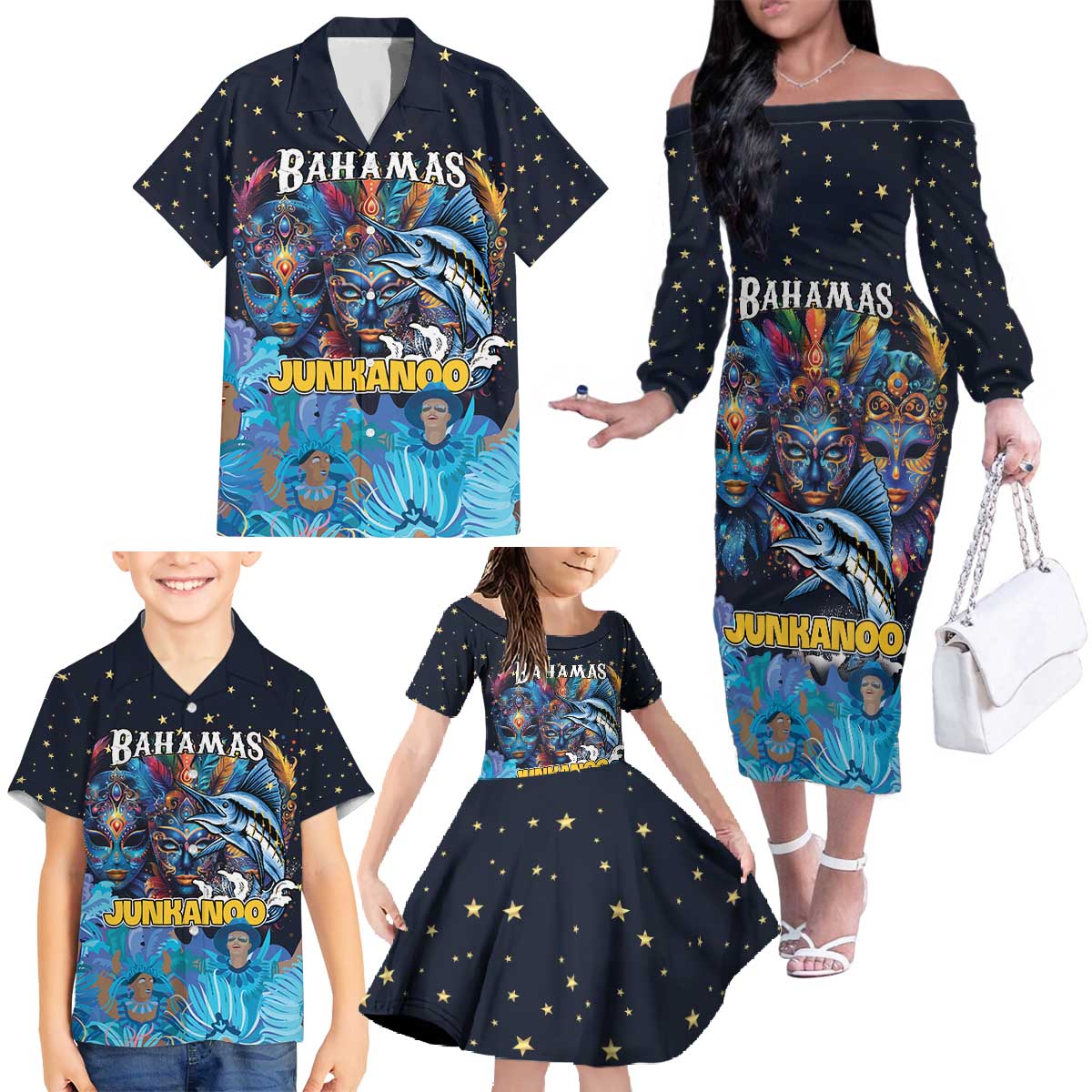 Personalized Bahamas Junkanoo Family Matching Off The Shoulder Long Sleeve Dress and Hawaiian Shirt Bahamian Mask Blue Marlin - Wonder Print Shop