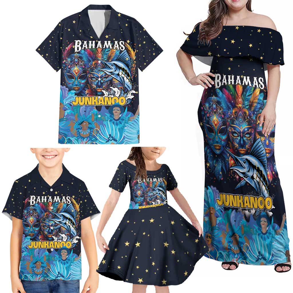 Personalized Bahamas Junkanoo Family Matching Off Shoulder Maxi Dress and Hawaiian Shirt Bahamian Mask Blue Marlin - Wonder Print Shop