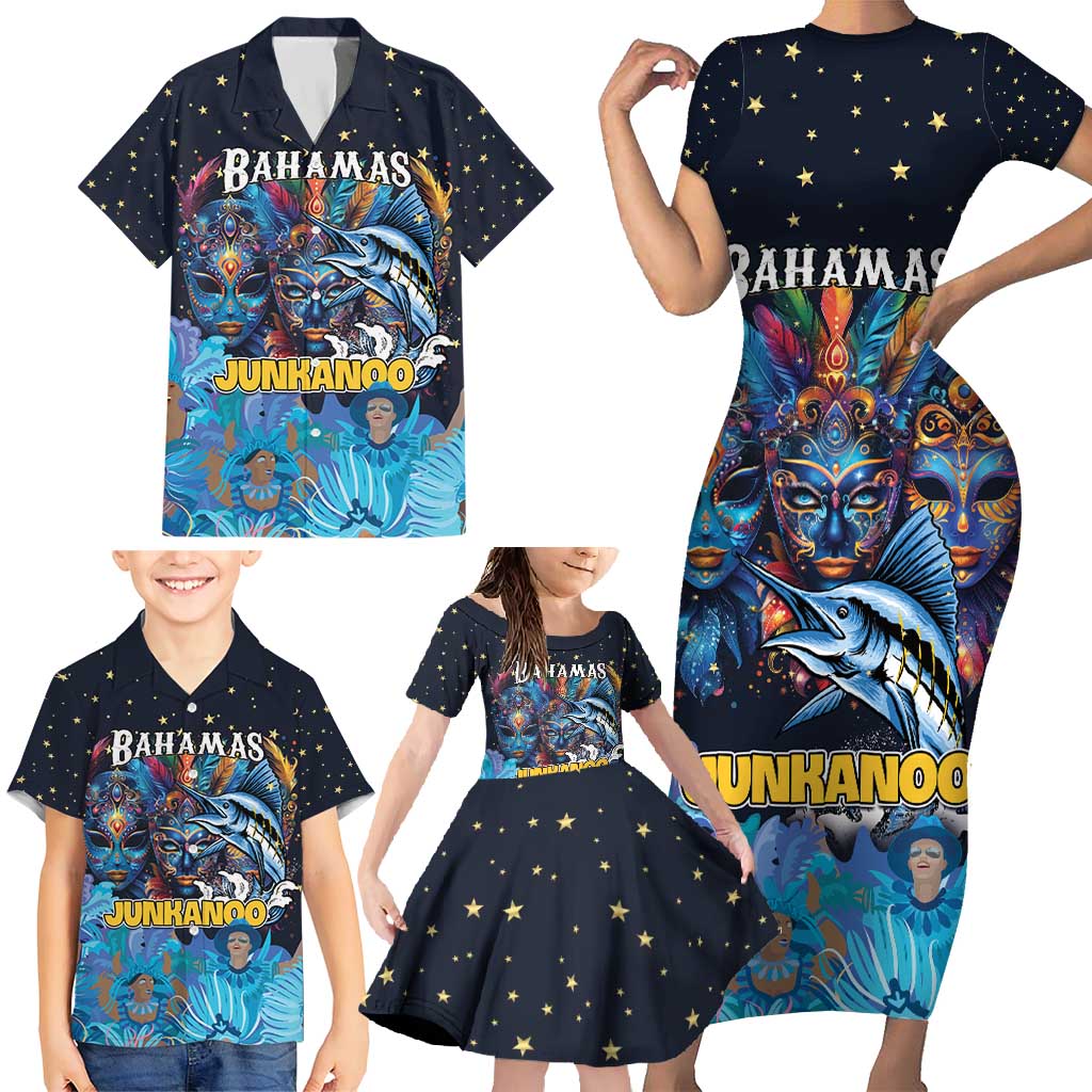 Personalized Bahamas Junkanoo Family Matching Short Sleeve Bodycon Dress and Hawaiian Shirt Bahamian Mask Blue Marlin - Wonder Print Shop