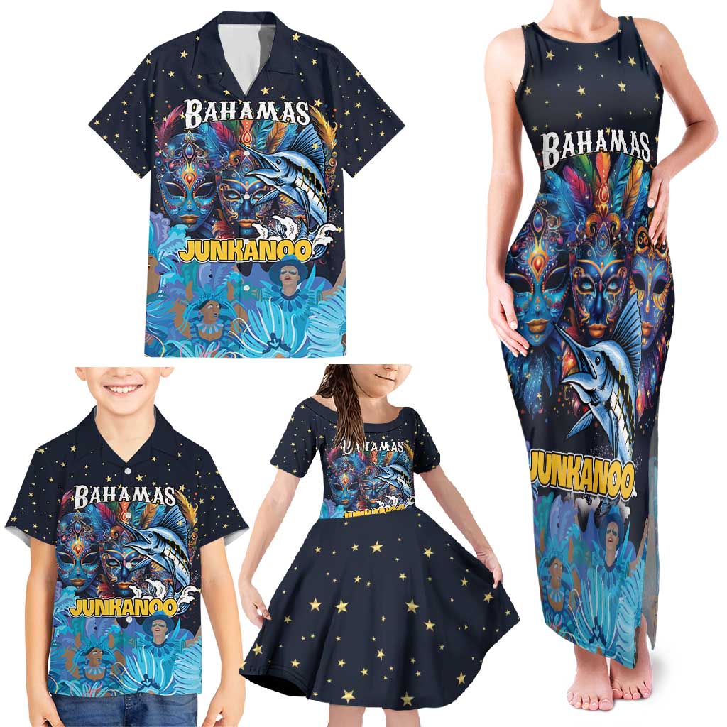 Personalized Bahamas Junkanoo Family Matching Tank Maxi Dress and Hawaiian Shirt Bahamian Mask Blue Marlin - Wonder Print Shop