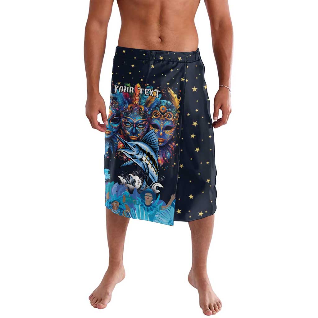 Men's dark blue swim trunks with star print and colorful Junkanoo mask design