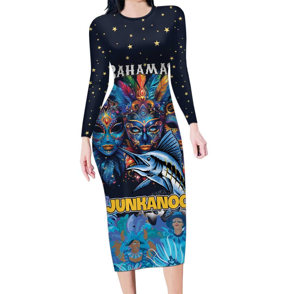 Personalized Bahamas Junkanoo Long Sleeve Bodycon Dress Bahamian Mask Blue Marlin - Wonder Print Shop