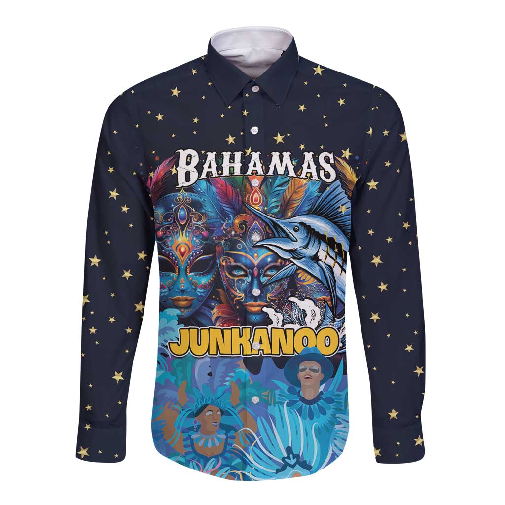 Dark navy long sleeve button shirt with colorful Bahamas Junkanoo mask graphic