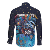Dark navy long sleeve button shirt with 'YOUR TEXT' back and colorful Junkanoo graphic