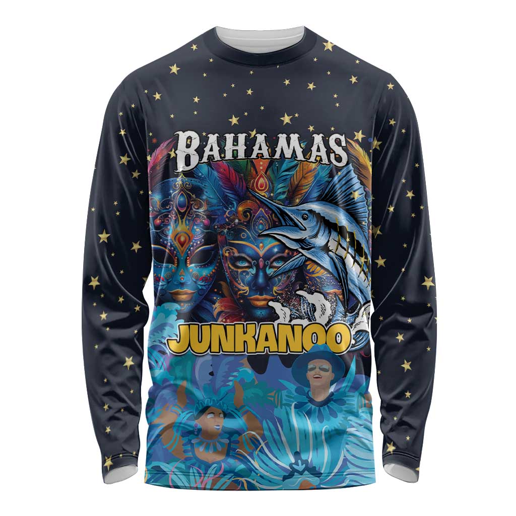 Personalized Bahamas Junkanoo Long Sleeve Shirt Bahamian Mask Blue Marlin - Wonder Print Shop