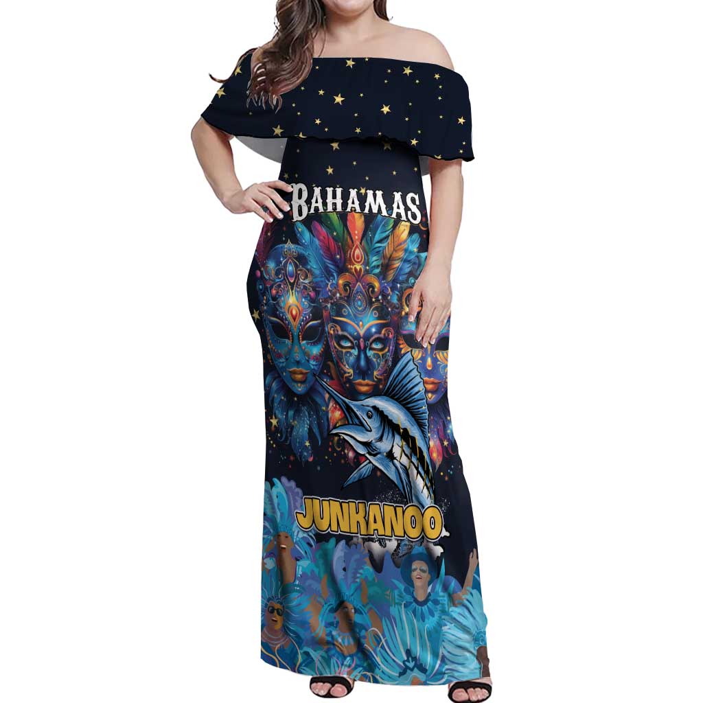 Personalized Bahamas Junkanoo Off Shoulder Maxi Dress Bahamian Mask Blue Marlin - Wonder Print Shop