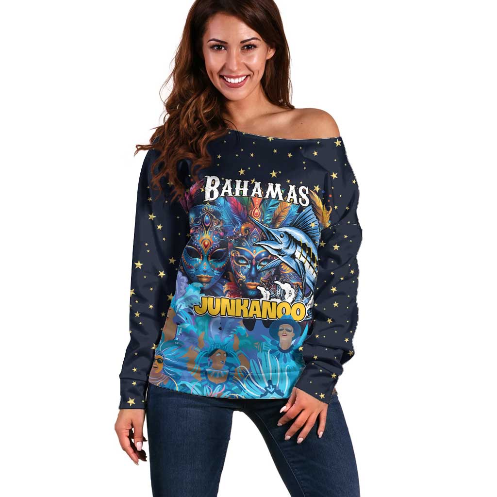 Personalized Bahamas Junkanoo Off Shoulder Sweater Bahamian Mask Blue Marlin