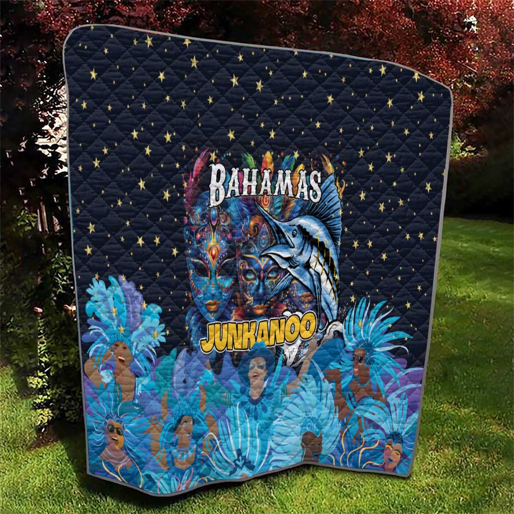 Blue quilt folded display with star grid and Bahamas Junkanoo face artwork