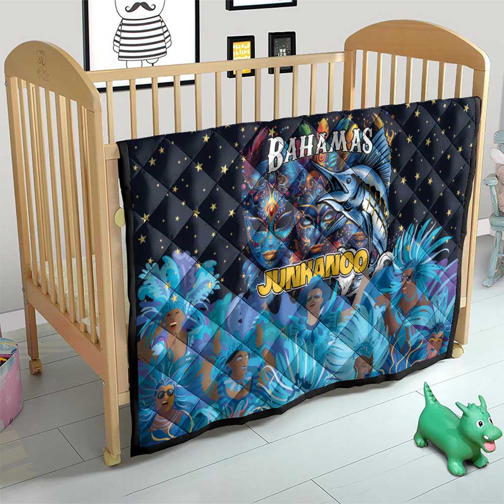 Blue quilt for crib with star pattern and Bahamas Junkanoo face art