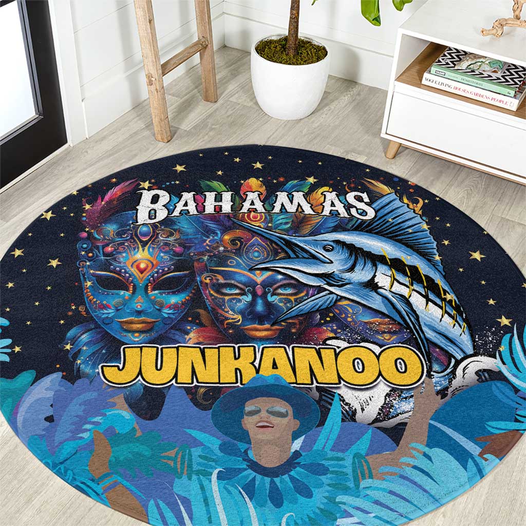 Round blue round carpet rug with Junkanoo masks and “BAHAMAS” and “JUNKANOO” text